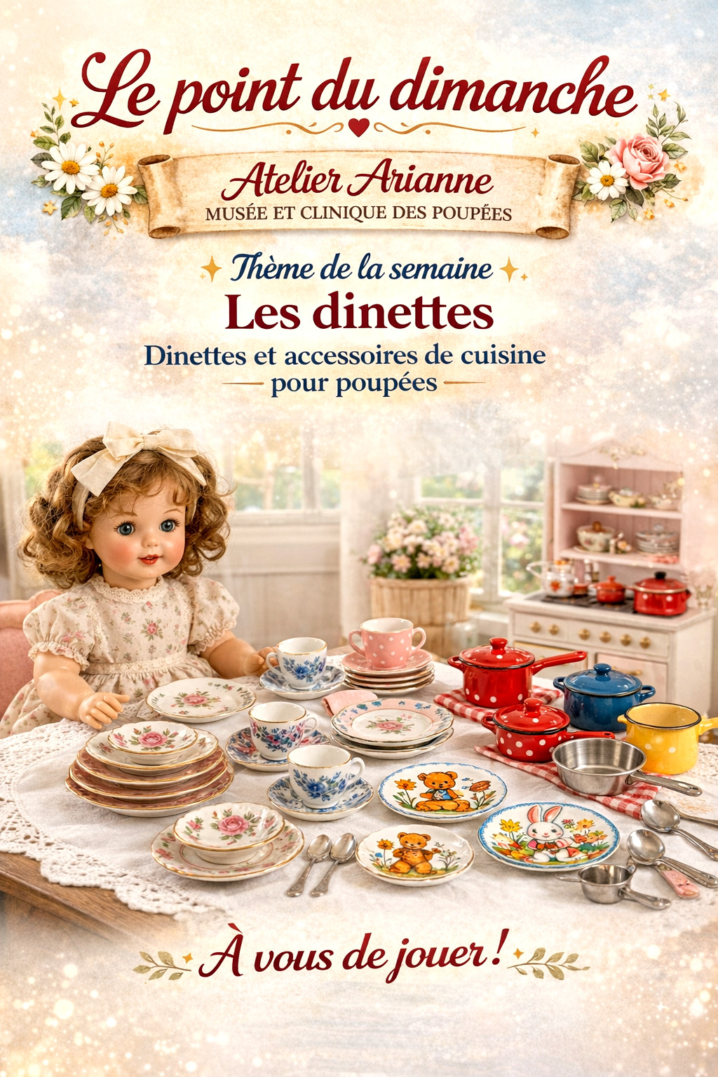 Le point du dimanche — les dînettes et la mémoire collective du musée — Affiche originale du Point du dimanche consacrée aux dînettes et aux accessoires de cuisine ; illustration du thème participatif — vue 1.