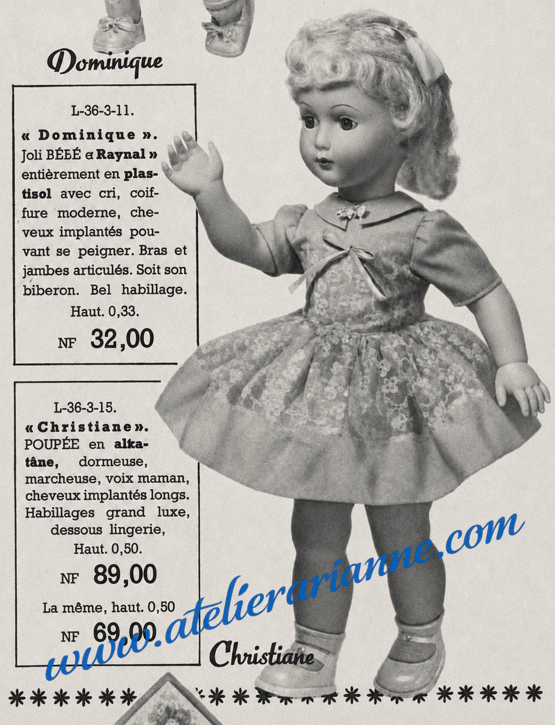 Bella M632 Christiane – grande poupée Bella des années 1960 — Page du catalogue Au Louvre présentant la poupée Bella Christiane sous la référence L-36-3-15, décrite comme une poupée en alkatène, dormeuse, marcheuse, avec voix maman, cheveux implantés longs et habillement grand luxe — vue 2.