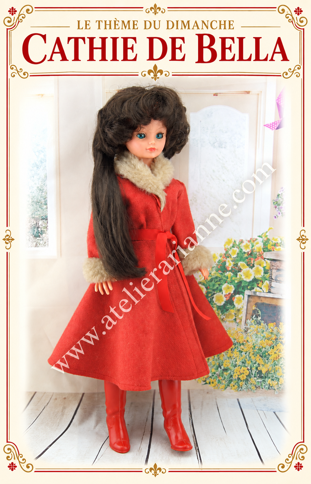 Cathie de Bella : notre thème de la semaine — Cathie de Bella de 1982 en manteau rouge Grenat – thème de la semaine Atelier Arianne — vue 1.