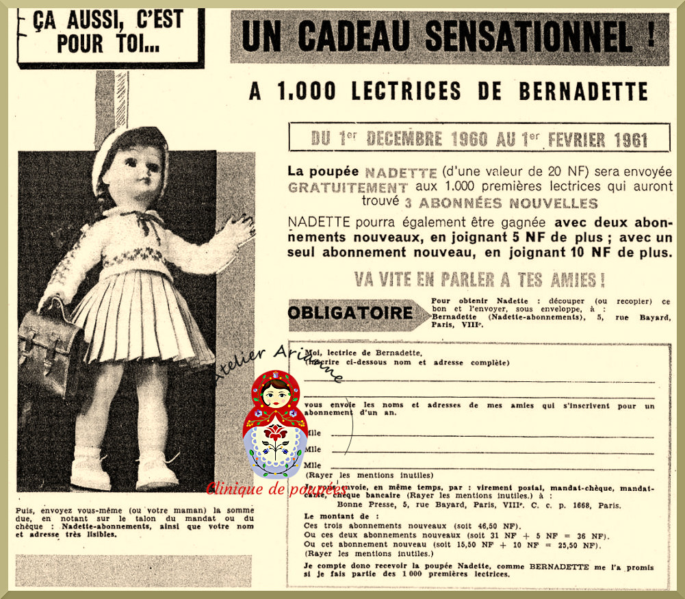 Poupée Nadette de Bella- La petite fille du magasin Bernadette — Une publicité datant de novembre 1960, publiée dans le journal, proposait un concours permettant de gagner 1 000 poupées Nadette de Bella — vue 6.