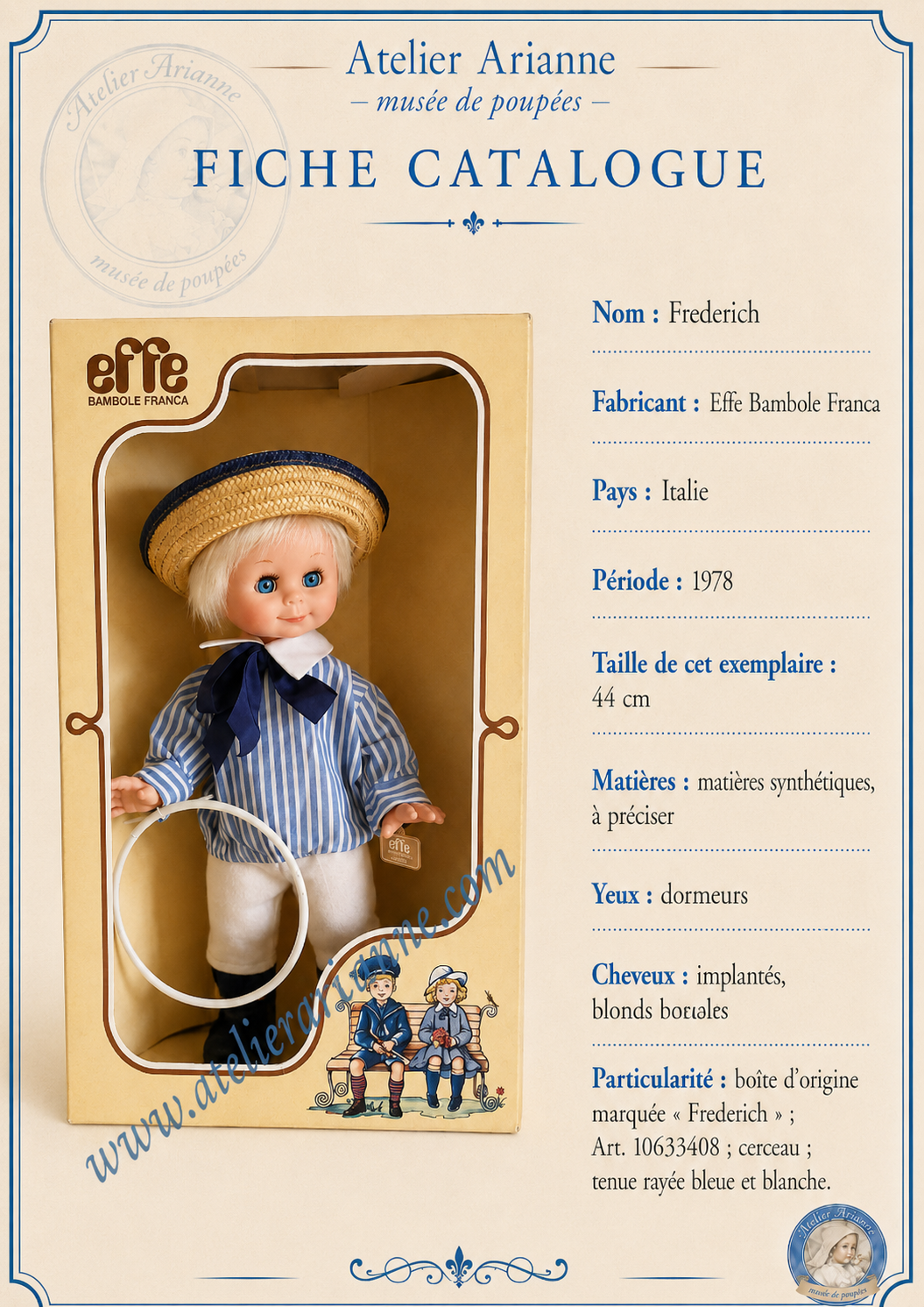 Poupée Friedrich d’Effe Bambole Franca : fiche catalogue d’un modèle italien de 1978 — Fiche catalogue de la poupée Friedrich d’Effe Bambole Franca, modèle italien de 1978 — vue 1.