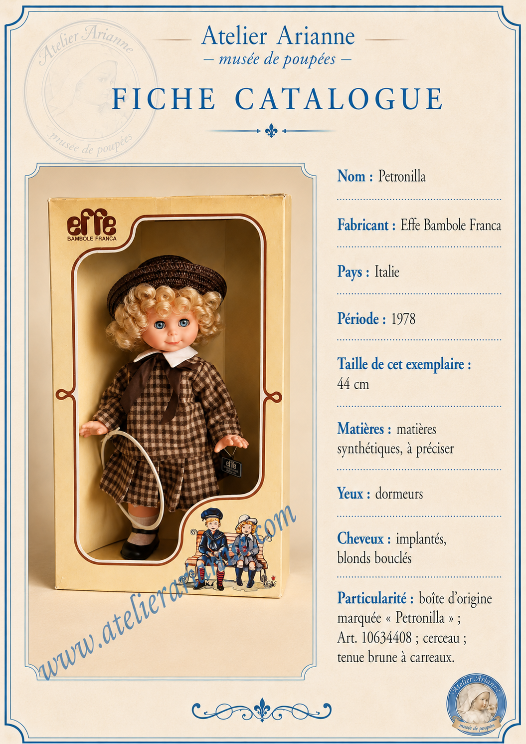 Petronilla d’Effe Bambole Franca : fiche catalogue d’une poupée italienne de 1978 — Fiche catalogue de la poupée Petronilla d’Effe Bambole Franca, modèle italien de 1978 — vue 1.