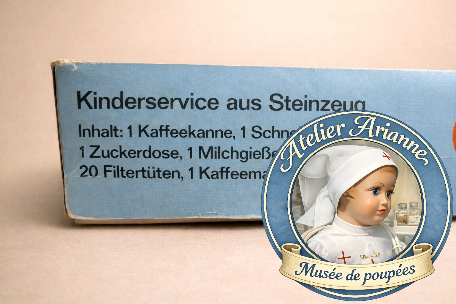 Melitta Kinder-Filter-Party — une dînette miniature en grès — Détail de la liste du contenu imprimée sur la boîte — vue 4.