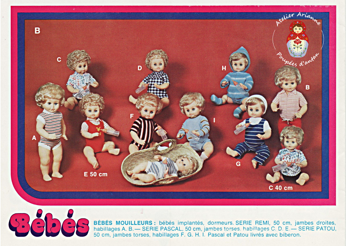 Le catalogue: « Jouets Petitcollin 78 » — Bébés mouilleurs : bébés implantés, dormeurs. Série Remi , 50 cm, jambes droites, habillages A. B. Série Pascal , 50 cm, jambes torses, habillages C. D. E. Série Patou , 50 cm, jambes torses, habillages F. G. H. I. Pascal et Patou livrés avec biberon — vue 3.