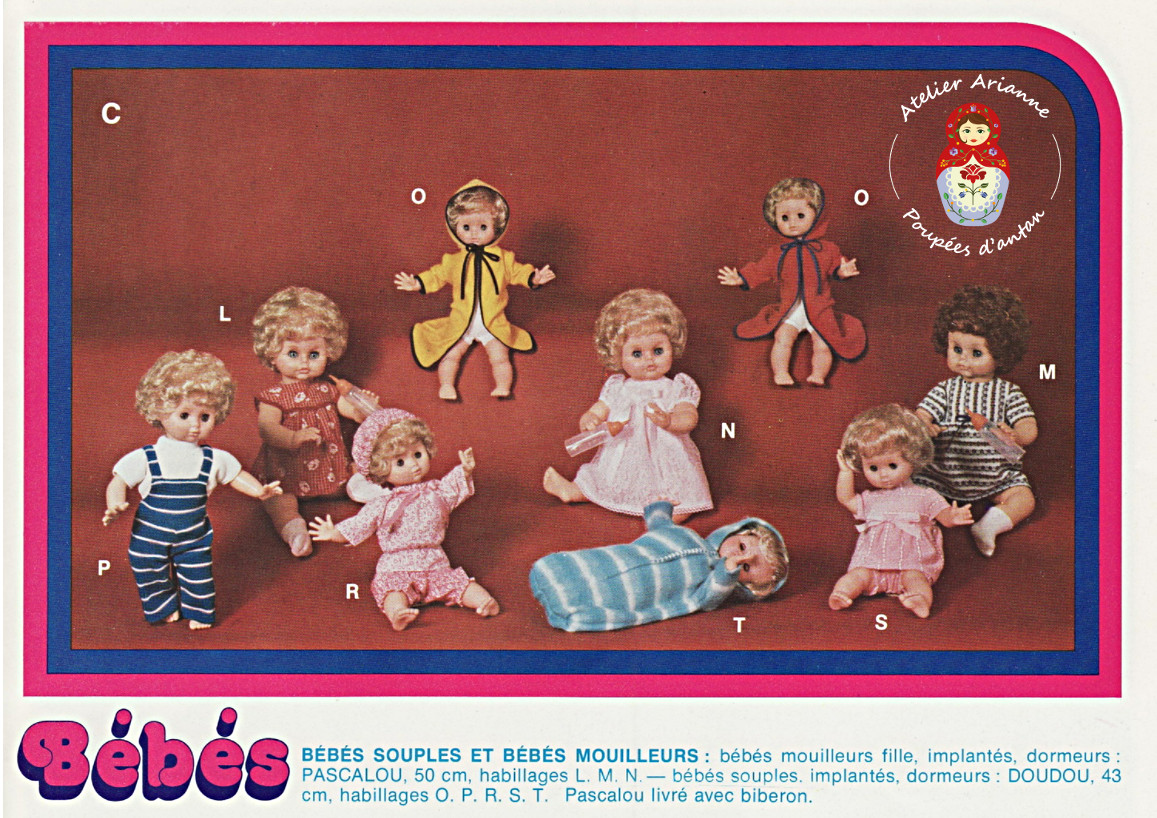 Le catalogue: « Jouets Petitcollin 78 » — Bébés souples et bébés mouilleurs . Bébés mouilleurs fille, implantés, dormeurs : Pascalou , 50 cm, habillages L. M. N. Doudou , 43 cm, habillages O. P. R. S. T. Pascalou livré avec biberon — vue 4.