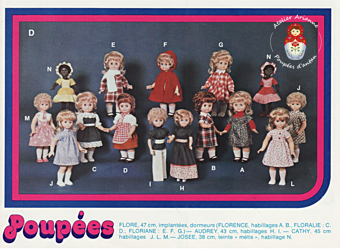 Le catalogue: « Jouets Petitcollin 78 » — Poupées Flore , 47 cm, implantées, dormeurs : Florence , habillages A. B. Floralie , habillages C. D. Floriane , E. F. G. ******************* Audrey , 43 cm, habillages H. I. Cathy , 45 cm, habillages J. L. M. Josée , 38 cm teinte « métis », habillage N — vue 5.