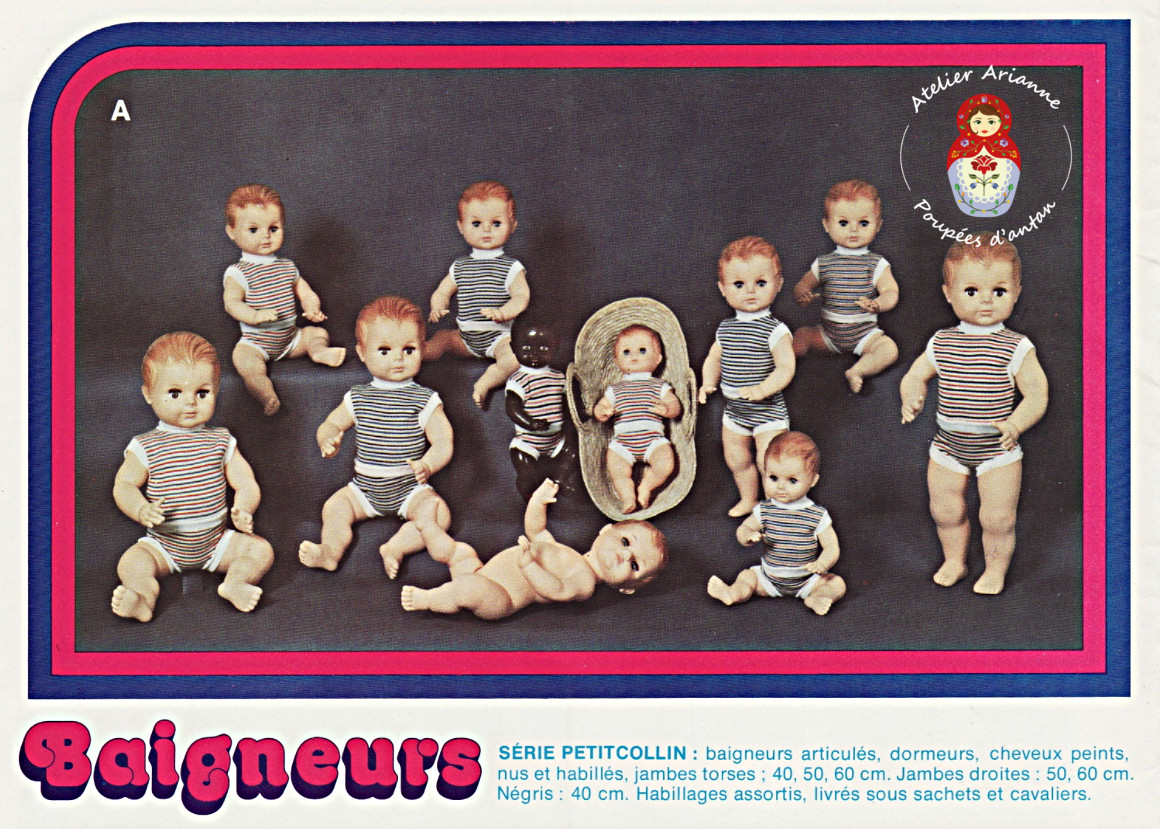 Le catalogue: « Jouets Petitcollin 78 » — Série Petitcollin : baigneurs articulés, dormeurs, cheveux peints, nus et habillés Jambes torses; 40, 50, 60 cm Jambes droites; 40, 50, 60 cm Négris; 40 cm Habillages assortis Livrés sous sachets et cavaliers — vue 2.