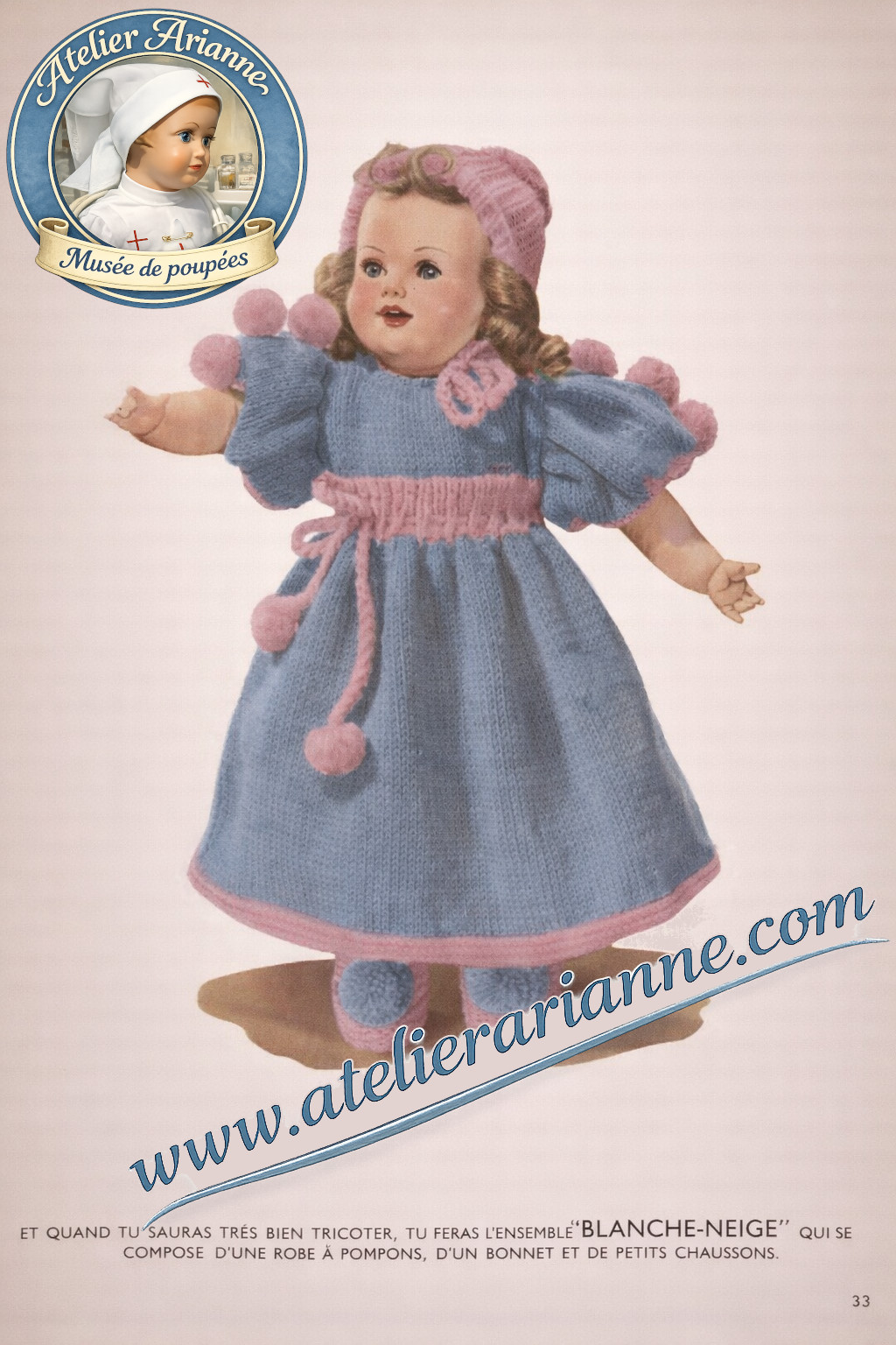 Raynal Primevère — tenue Blanche-Neige, livret « J’apprends à tricoter » — aynal-poupee-primevere-tenue-blanche-neige-pingouin-1947.jpg — vue 1.