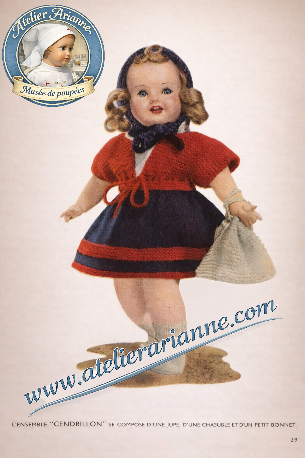 Raynal Primevère — tenue Cendrillon, livret « J’apprends à tricoter » — raynal-poupee-primevere-tenue-cendrillon-pingouin-1947.jpg — vue 1.