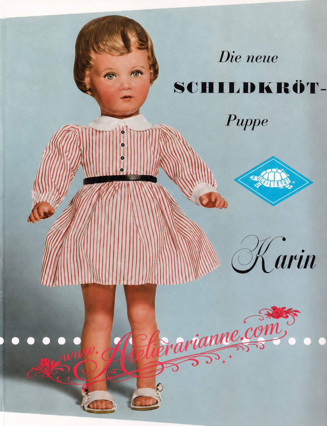 Karin de Schildkröt — publicité ancienne — Publicité ancienne de la poupée Karin de Schildkröt, poupée allemande des années 1950, partagée par Karin Dechif pour les archives du musée Atelier Arianne — vue 1.