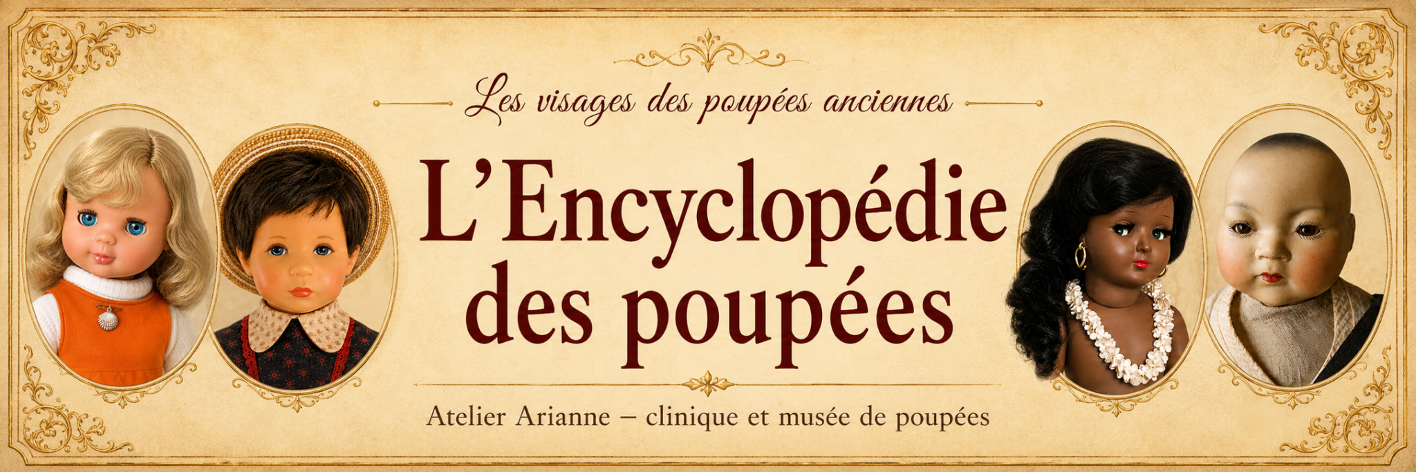 La nouvelle Encyclopédie des poupées d’Atelier Arianne — Bannière de la nouvelle Encyclopédie des poupées d’Atelier Arianne présentant quatre visages de poupées anciennes — vue 1.