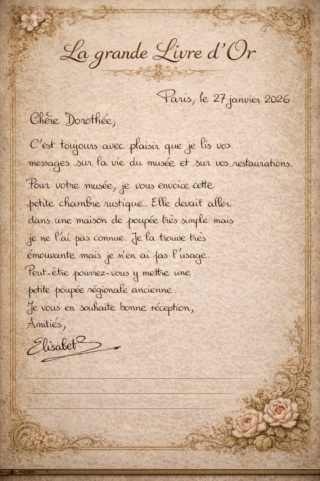Mobilier métallique de maison de poupée — ensemble offert par Elisabeth — Lettre de la donatrice reproduite dans le billet d’origine, conservée comme document d’accompagnement du don — vue 2.