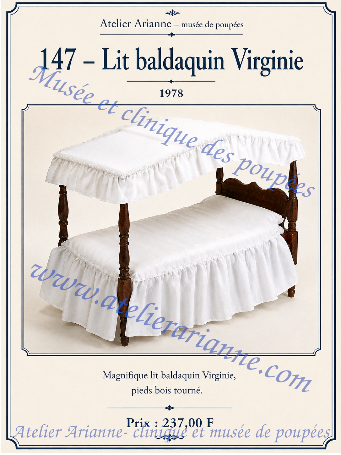 Lit à baldaquin Virginie — référence 147 du catalogue de 1978 — Lit à baldaquin Virginie, référence 147, catalogue de 1978 : prix imprimé de 237 francs — vue 1.