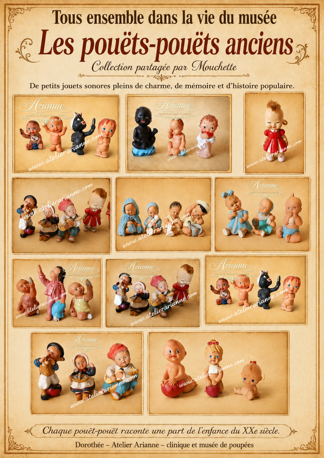 Les pouëts-pouëts anciens : petits jouets sonores, grande histoire de l’enfance — Pouëts-pouëts anciens de la collection partagée par Mouchette, petits jouets sonores du XXe siècle présentés dans les archives du musée Atelier Arianne — vue 1.