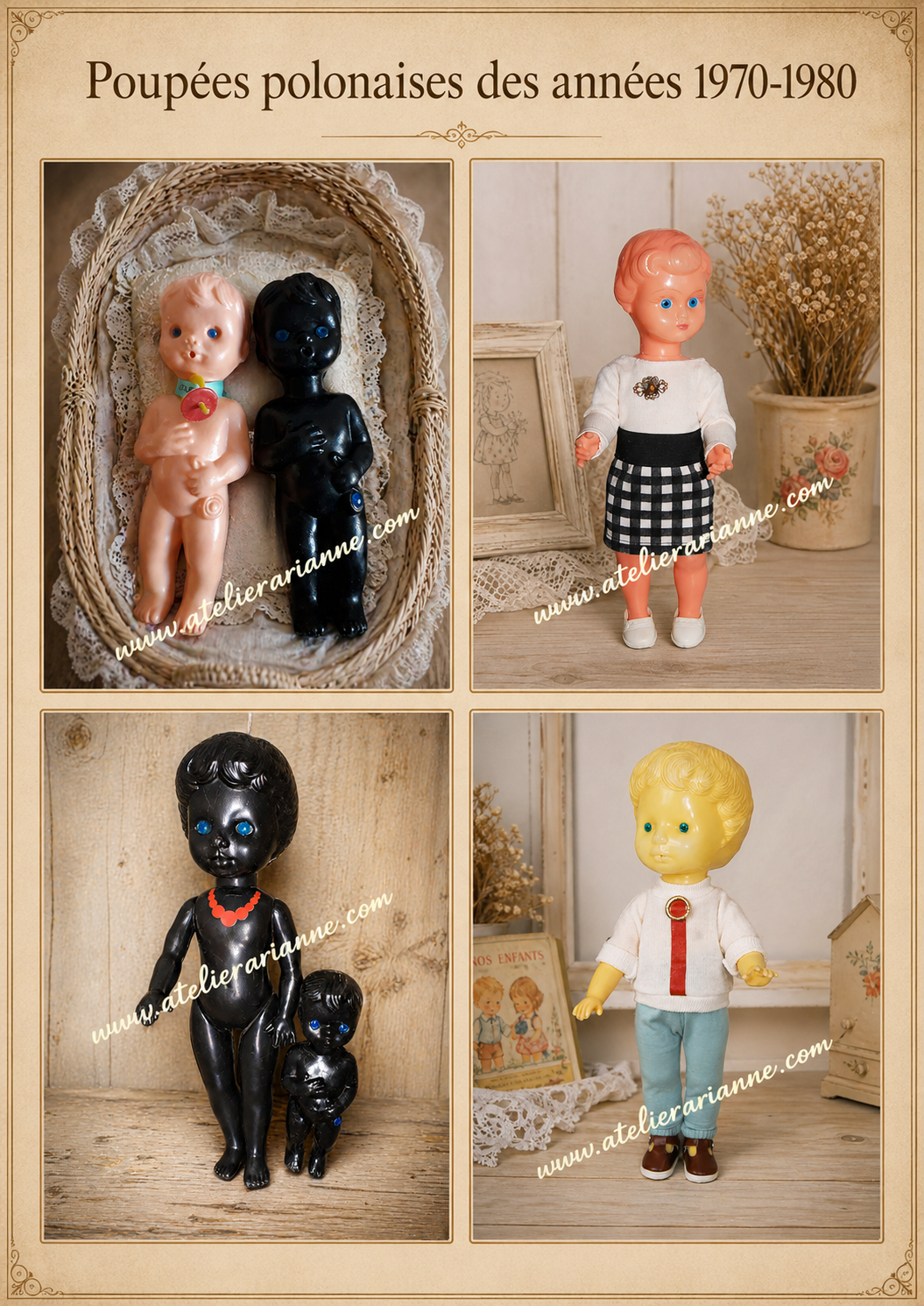 Poupées polonaises en plastique — années 1970–1980 — Poupées polonaises en plastique des années 1970-1980, présentées sur une planche documentaire pour les archives du musée Atelier Arianne — vue 1.