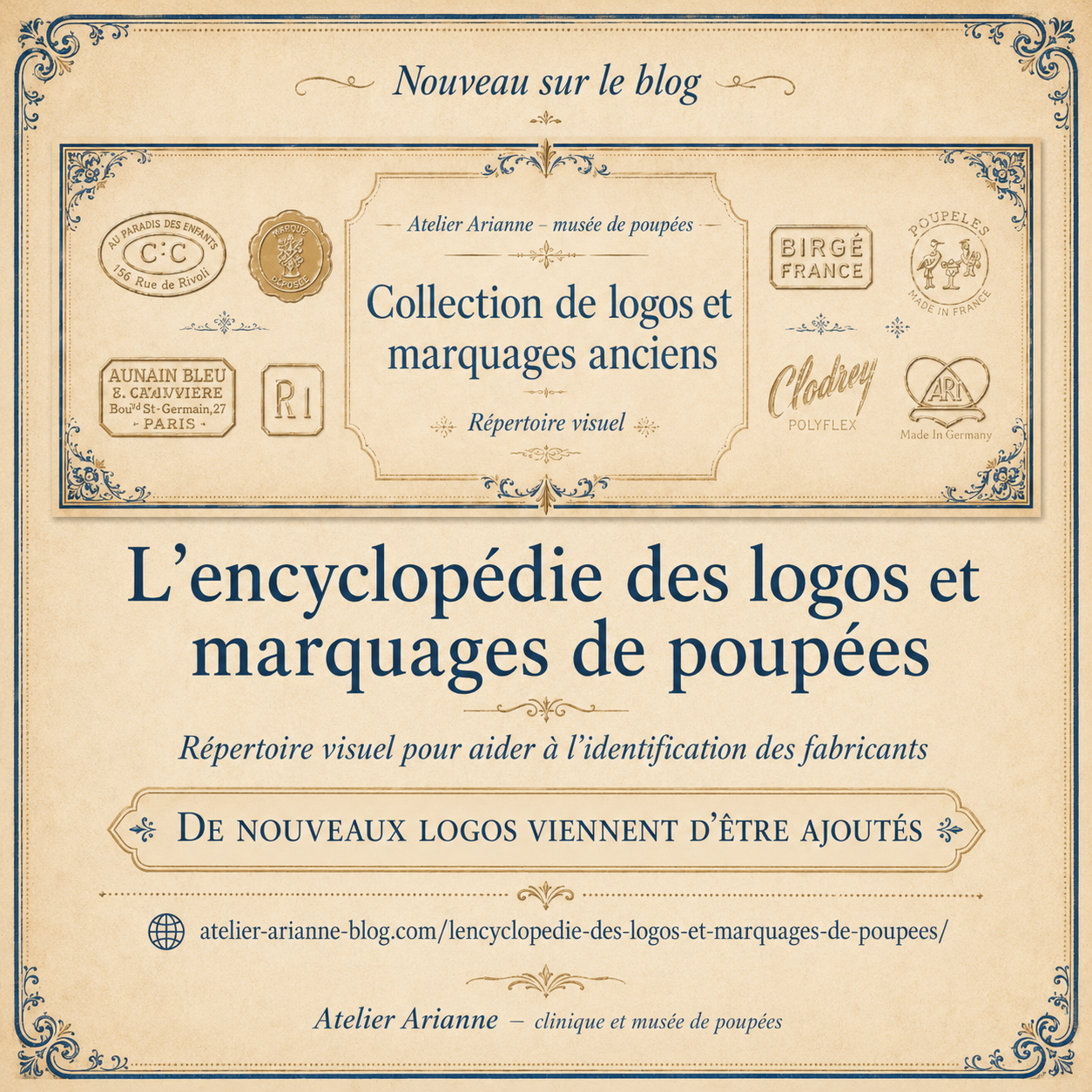 Logos de poupées : de nouveaux fabricants ajoutés à notre encyclopédie — Encyclopédie des logos de poupées et marquages de fabricants du musée Atelier Arianne — vue 1.