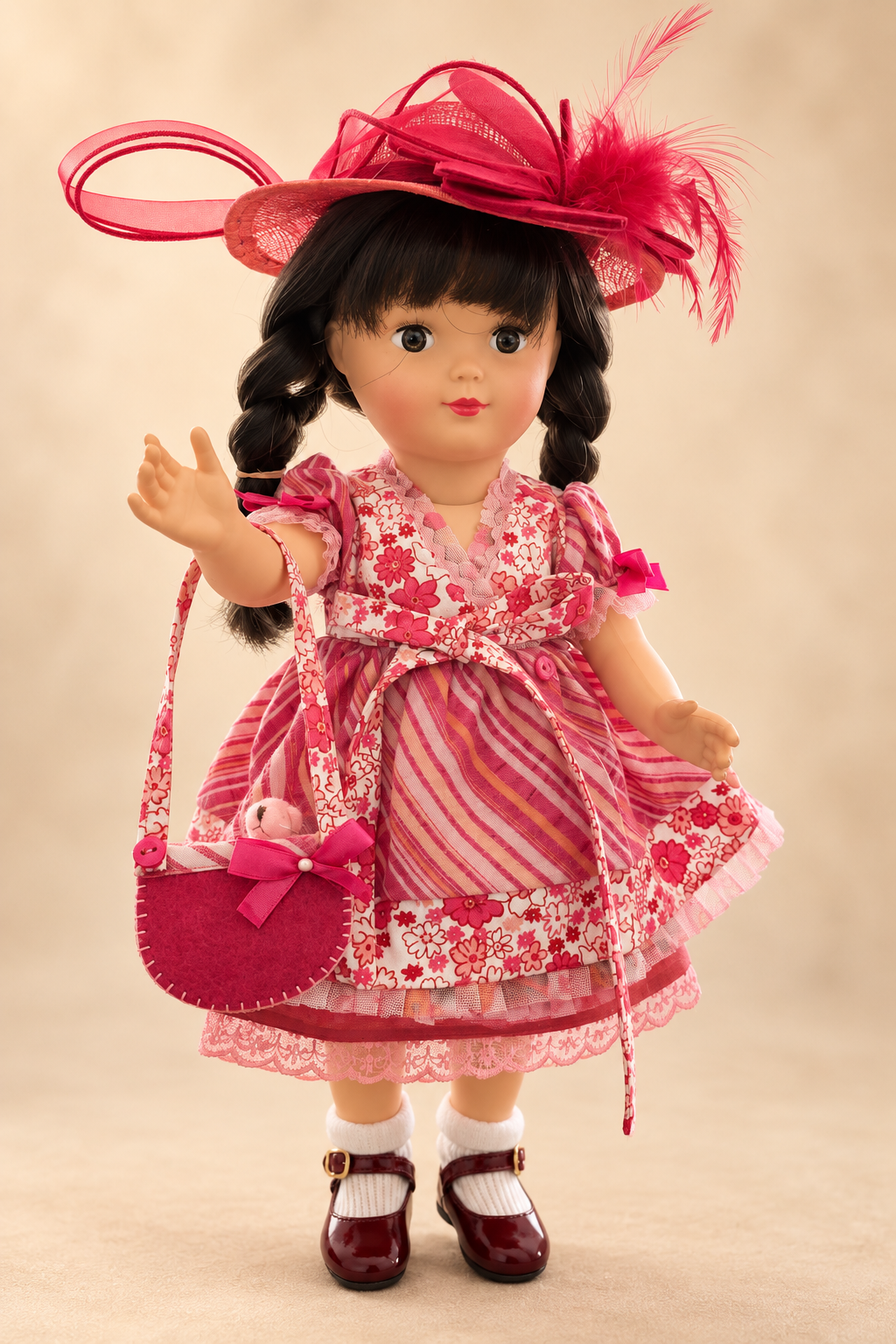 Émilie et deux Francette Petitcollin — collection de Louise — Francette dans une tenue avec chapeau cousue par Dorothée — Atelier Arianne, avec une robe rose à motifs et un petit sac — vue 1.