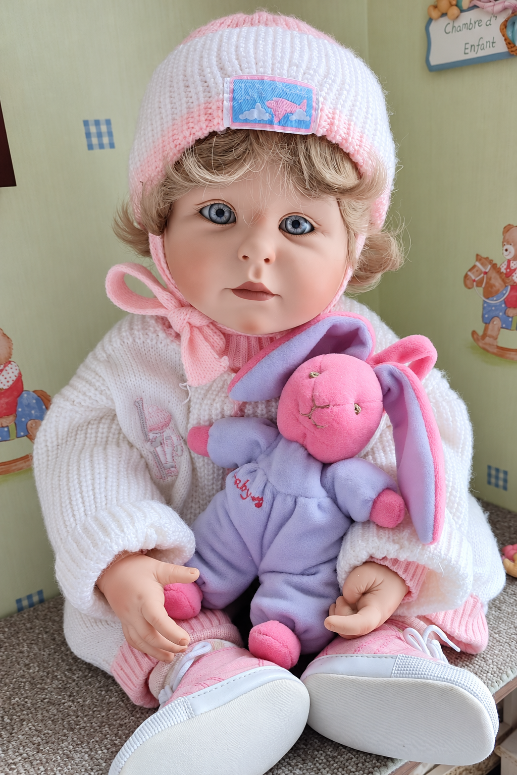 Bébés réalistes en vinyle — collection de Martine — Bébé aux yeux bleus, vêtu de rose, portant un bonnet tricoté et tenant une peluche — vue 5.