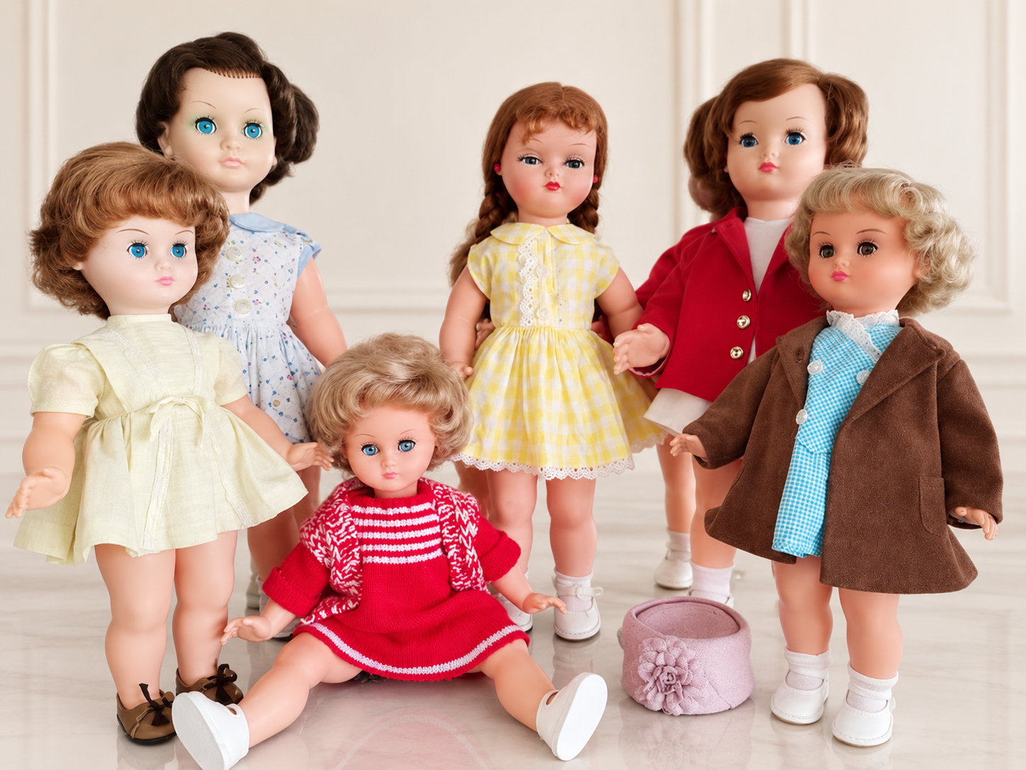 Six poupées Bella en tenues d’origine — collection de Françoise — Six poupées Bella de Françoise ; au centre, la poupée à nattes au moule Parédès selon la collectionneuse — vue 1.