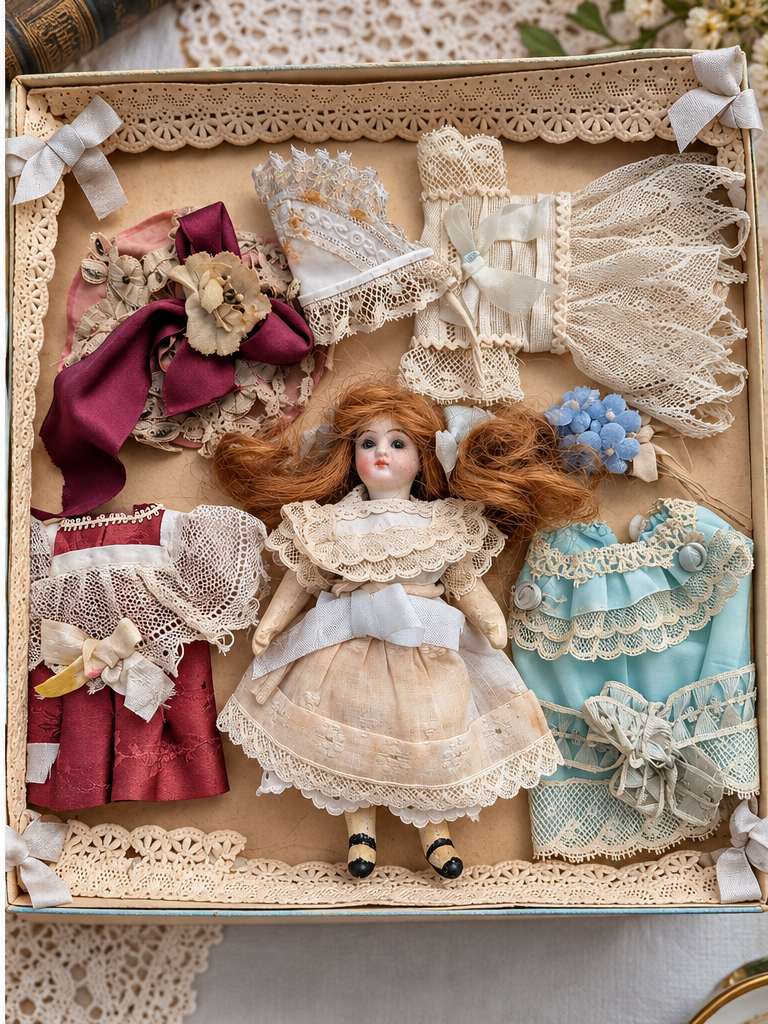 Deux coffrets de mignonnettes et leurs trousseaux, vers 1900 — collection de Mireille — La mignonnette et sa garde-robe en coffret : robes, chapeaux, fleurs et rubans assortis. Environ 6 cm et vers 1900 selon Mireille ; yeux en verre et travail à la main signalés par la propriétaire — vue 2.