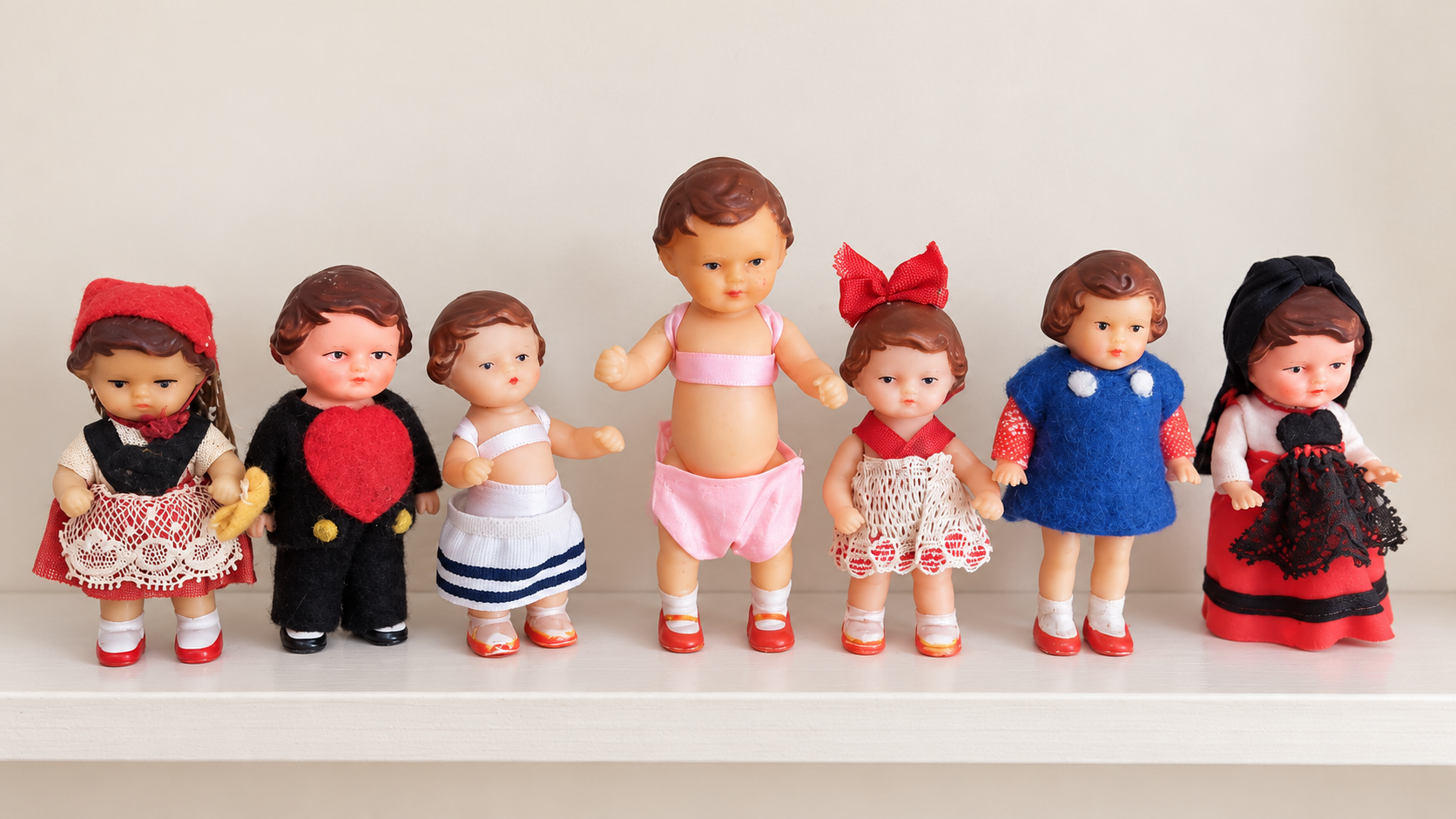 Sept poupées ARI en tenues variées — collection de Patricia — Les sept poupées ARI de la collection de Patricia, réunies sur une étagère dans des tenues variées — vue 1.