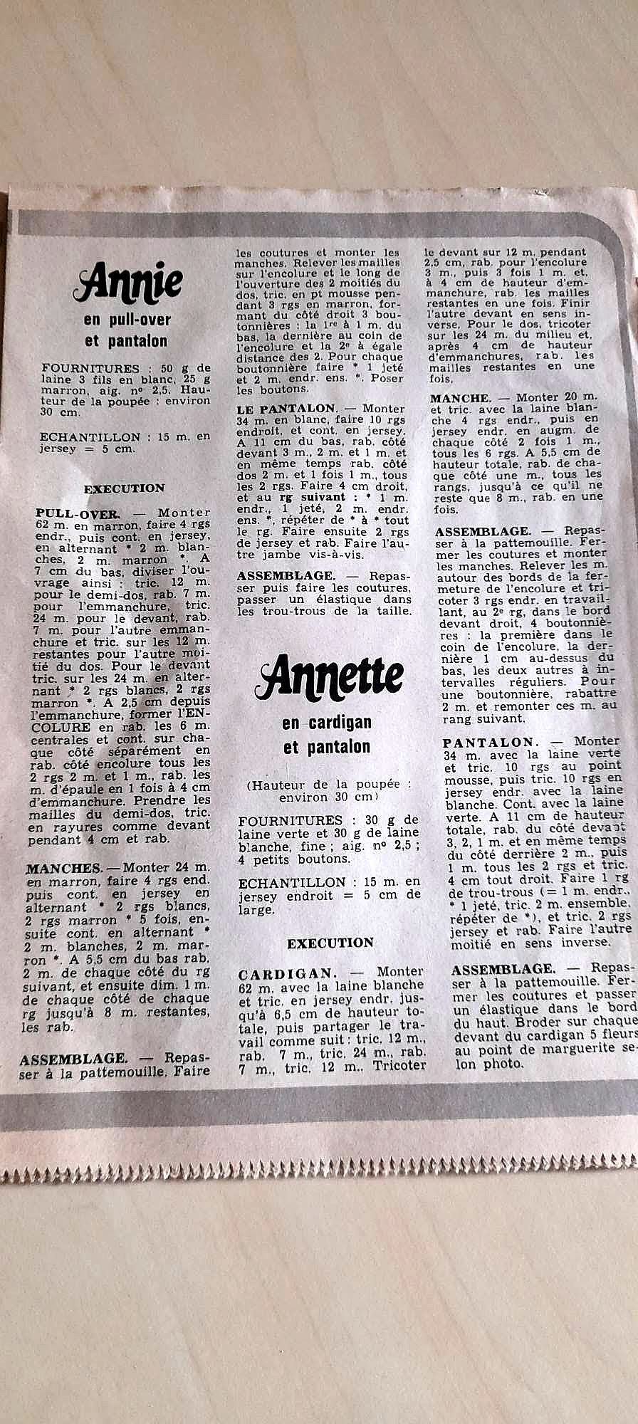 Modes de Paris, 1976 — poupées à coudre et garde-robe d’hiver, archives de Karin — Explications de tricot : pull-over et pantalon d’Annie, cardigan et pantalon d’Annette — vue 6.