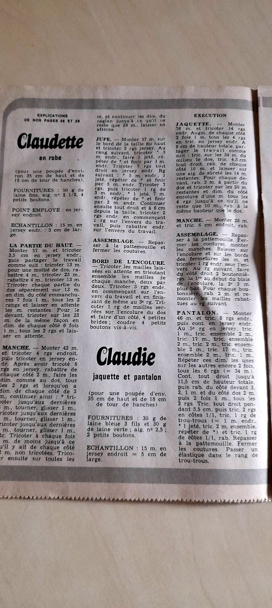 Modes de Paris, 1976 — poupées à coudre et garde-robe d’hiver, archives de Karin — Explications de tricot : robe de Claudette, jaquette et pantalon de Claudie — vue 5.