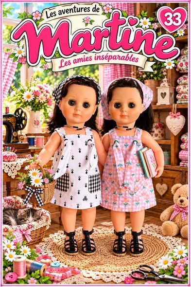 Marie‑Françoise Petitcollin — deux versions d’un modèle inspiré de Modes & Travaux — Couverture illustrée : “Les aventures de Martine — Les amies inséparables”, avec les deux poupées mises en scène dans un atelier fleuri — vue 1.