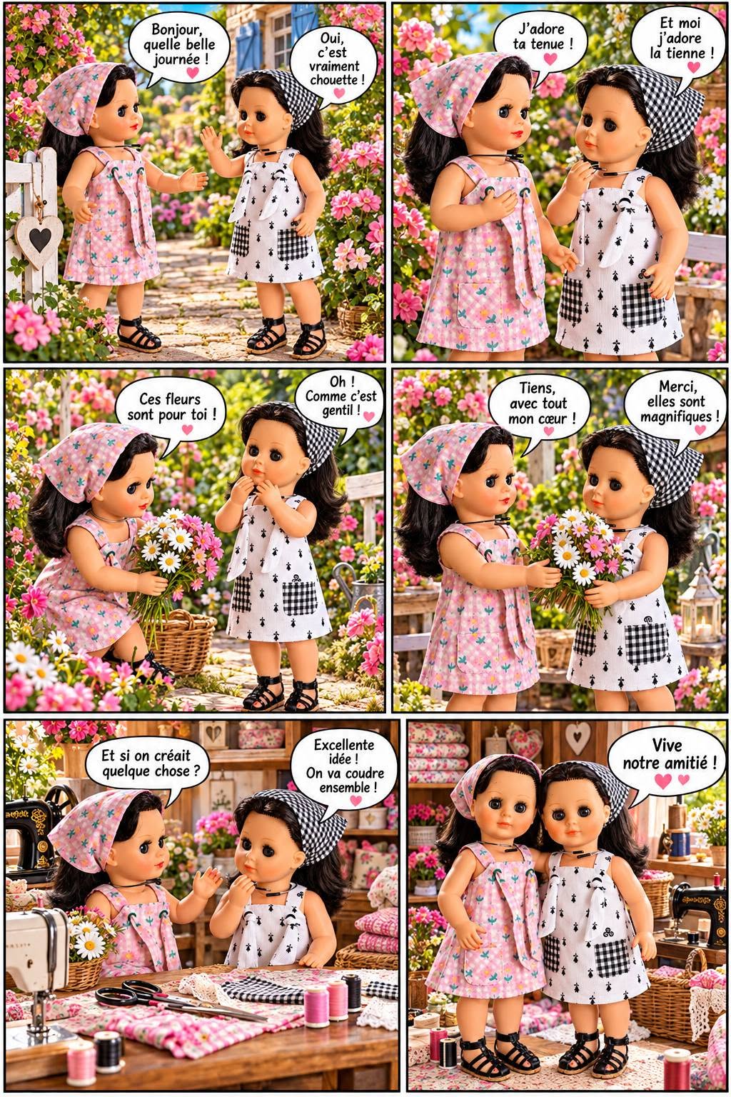 Marie‑Françoise Petitcollin — deux versions d’un modèle inspiré de Modes & Travaux — Planche illustrée en six scènes montrant les deux poupées qui se rencontrent, échangent des fleurs et cousent ensemble — vue 2.