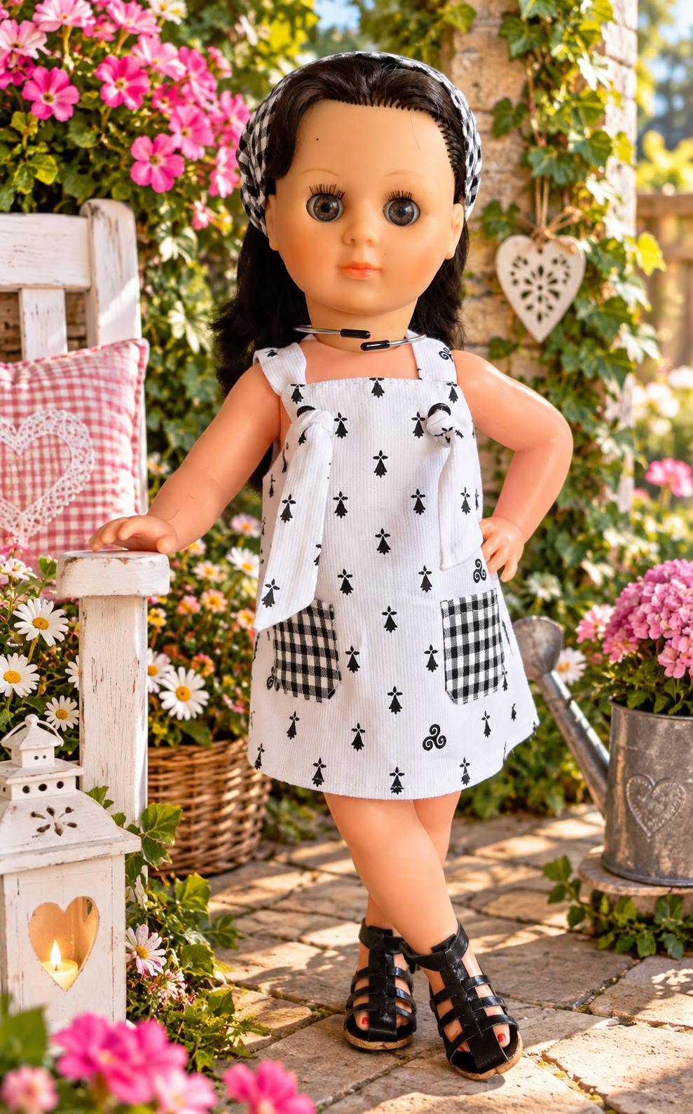 Marie‑Françoise Petitcollin — deux versions d’un modèle inspiré de Modes & Travaux — Portrait en pied d’une version en robe blanche à petits motifs noirs, avec poches à carreaux noir et blanc — vue 3.