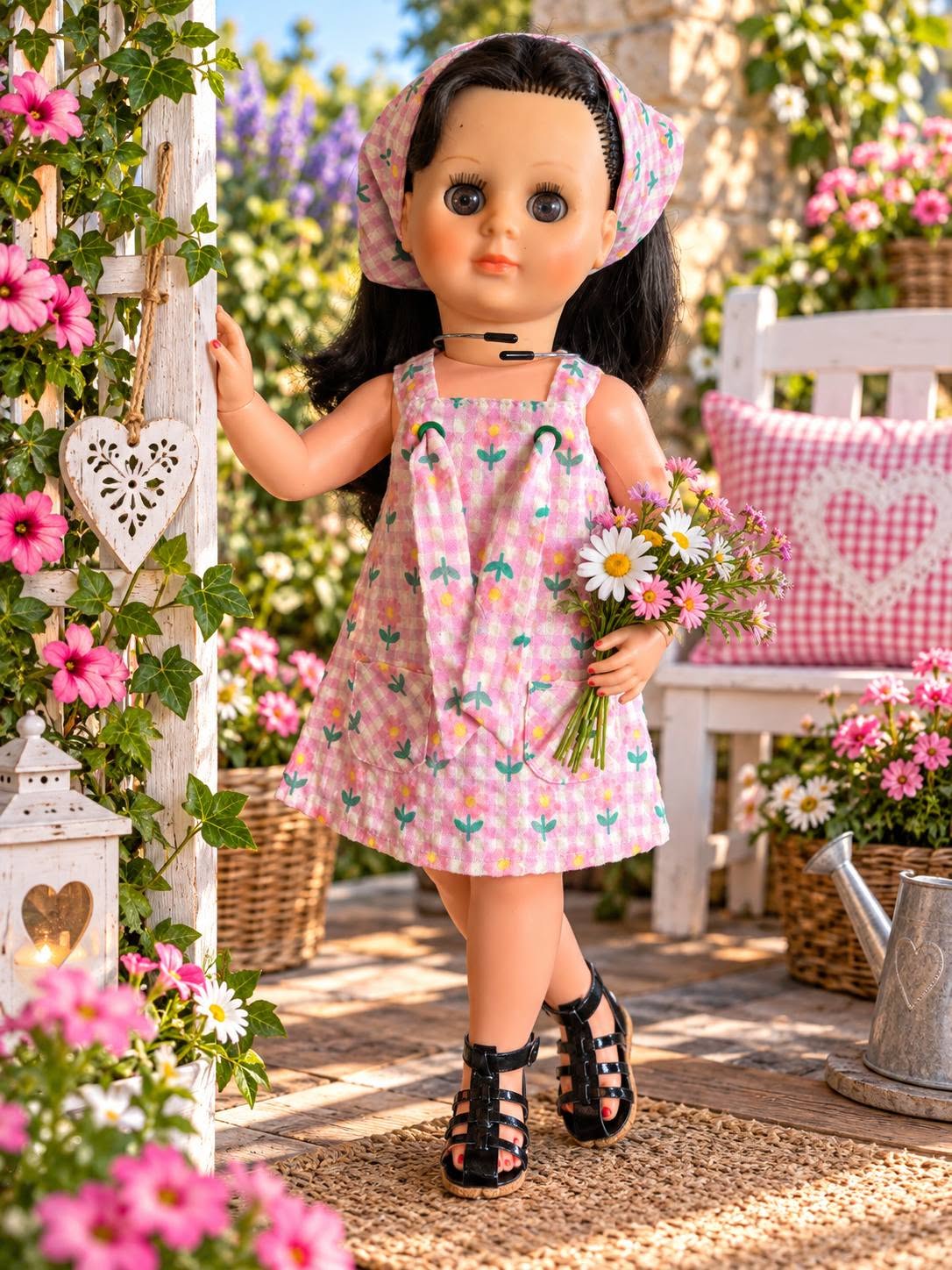 Marie‑Françoise Petitcollin — deux versions d’un modèle inspiré de Modes & Travaux — Portrait en pied d’une version en robe rose fleurie, tenant un bouquet dans un décor de jardin romantique — vue 4.