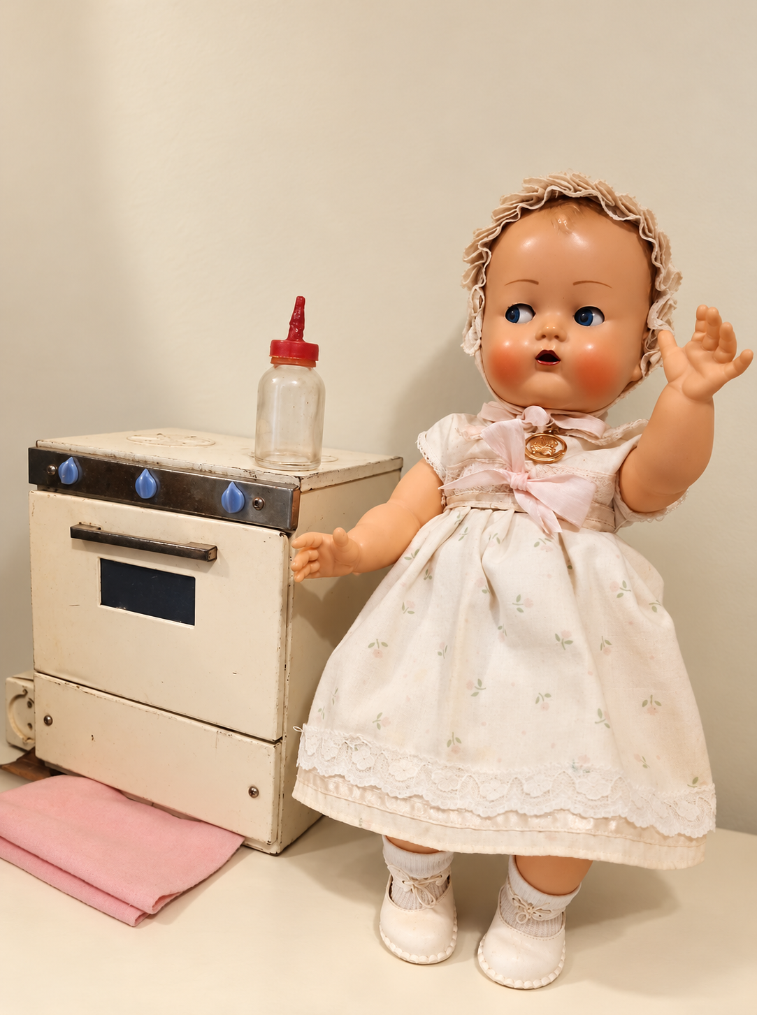 Caroline de Raynal, 1957 — collection de Lydia — Caroline de Raynal, 1957, 33 à 34 cm selon Lydia, avec une cuisinière miniature et un biberon — collection de Lydia — vue 1.