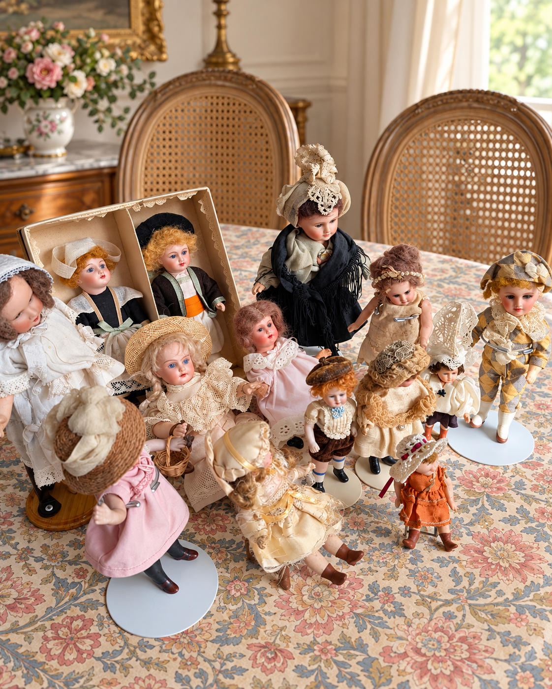 Mignonnettes anciennes et leurs petits accessoires — collection de Mireille (1/3) — Autre vue d’ensemble de la collection de Mireille, sur une table fleurie ; plusieurs exemplaires sont également visibles sur la première photographie — vue 6.