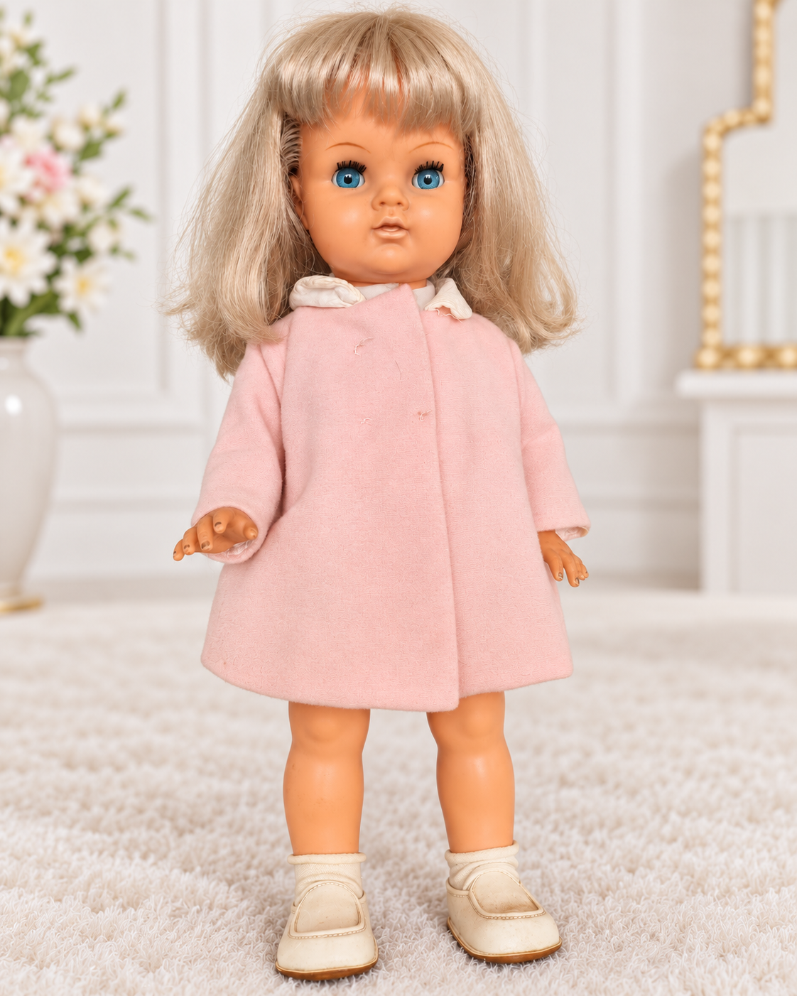 Suzie de Bella dans sa tenue d’origine complète — collection de Chris — La Suzie de Bella de Chris dans sa tenue d’origine complète : manteau rose fermé, chaussettes et mocassins clairs — vue 1.