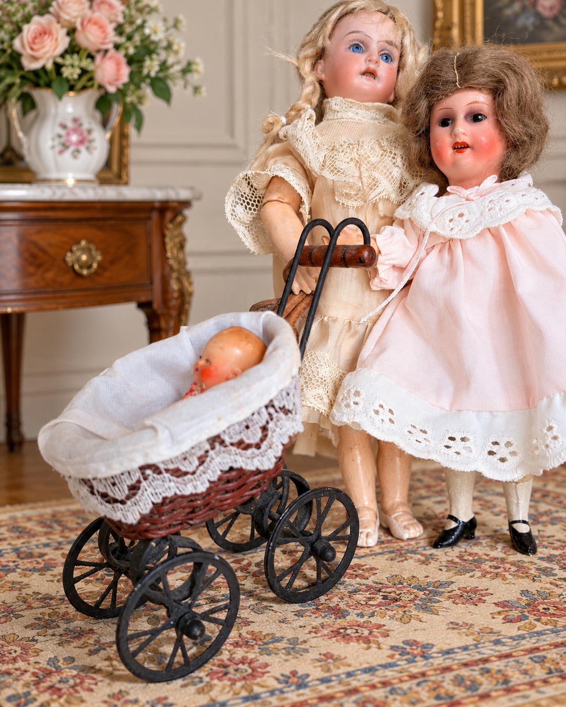 Mignonnettes anciennes : scènes et mobilier miniature — collection de Mireille (3/3) — Deux poupées en robes claire et rose derrière une voiture d’enfant à caisse tressée et garniture blanche, avec une petite poupée à l’intérieur — vue 6.