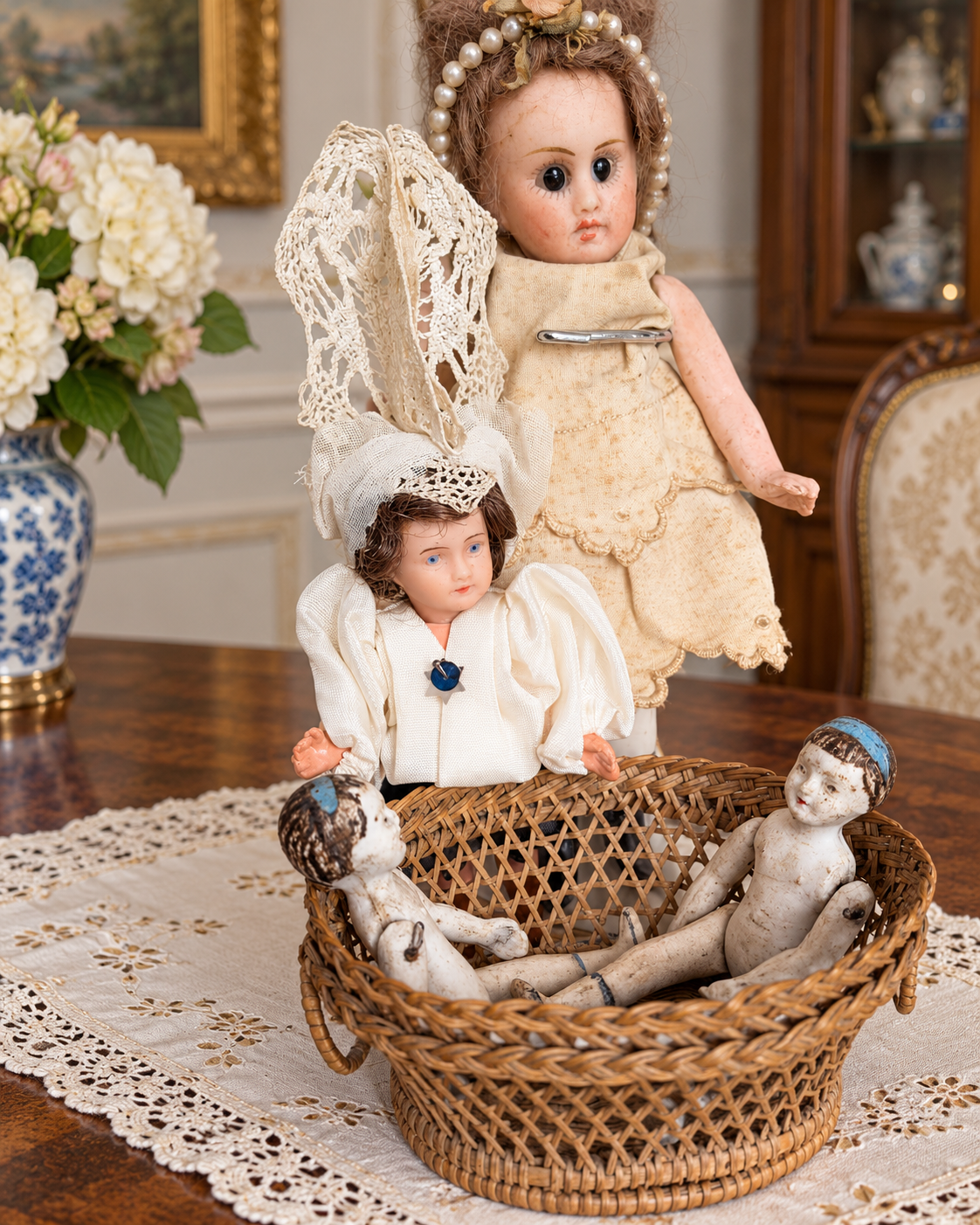 Mignonnettes anciennes : scènes et mobilier miniature — collection de Mireille (3/3) — Deux poupées en tenues claires derrière le panier contenant les deux petites poupées aux cheveux peints et bandeaux bleus — vue 5.