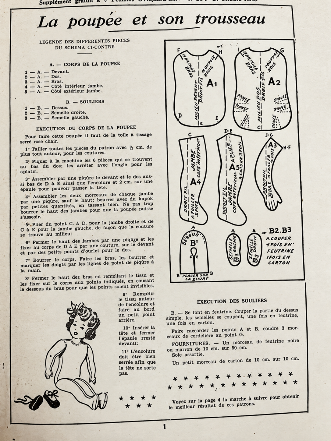 Une tête retrouvée, une poupée recréée — Femmes d’Aujourd’hui, collection de Françoise — Feuillet « La poupée et son trousseau » transmis par Françoise : pièces du patron du corps, des mains, des jambes et des souliers, avec les explications d’époque — vue 5.