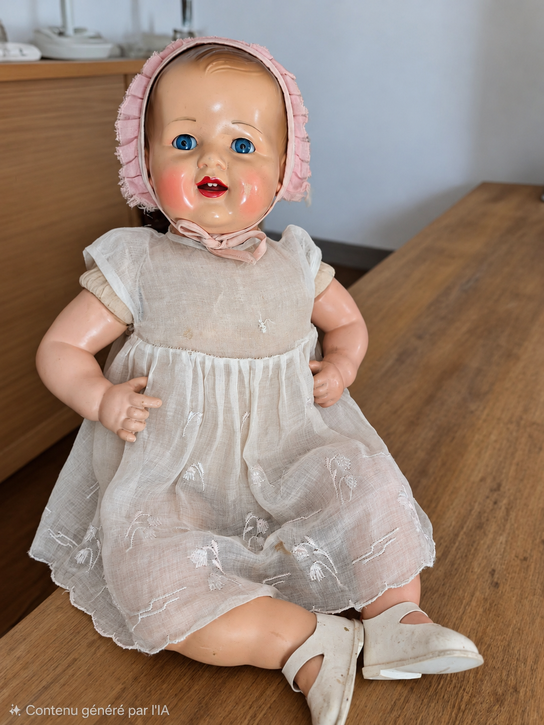 Raynal, Tintin et Bécassine — souvenirs de famille de Domi — La poupée Raynal de la mère de Domi, présentée en robe de baptême familiale avec bonnet rose et chaussures blanches ; image préparée numériquement — vue 1.