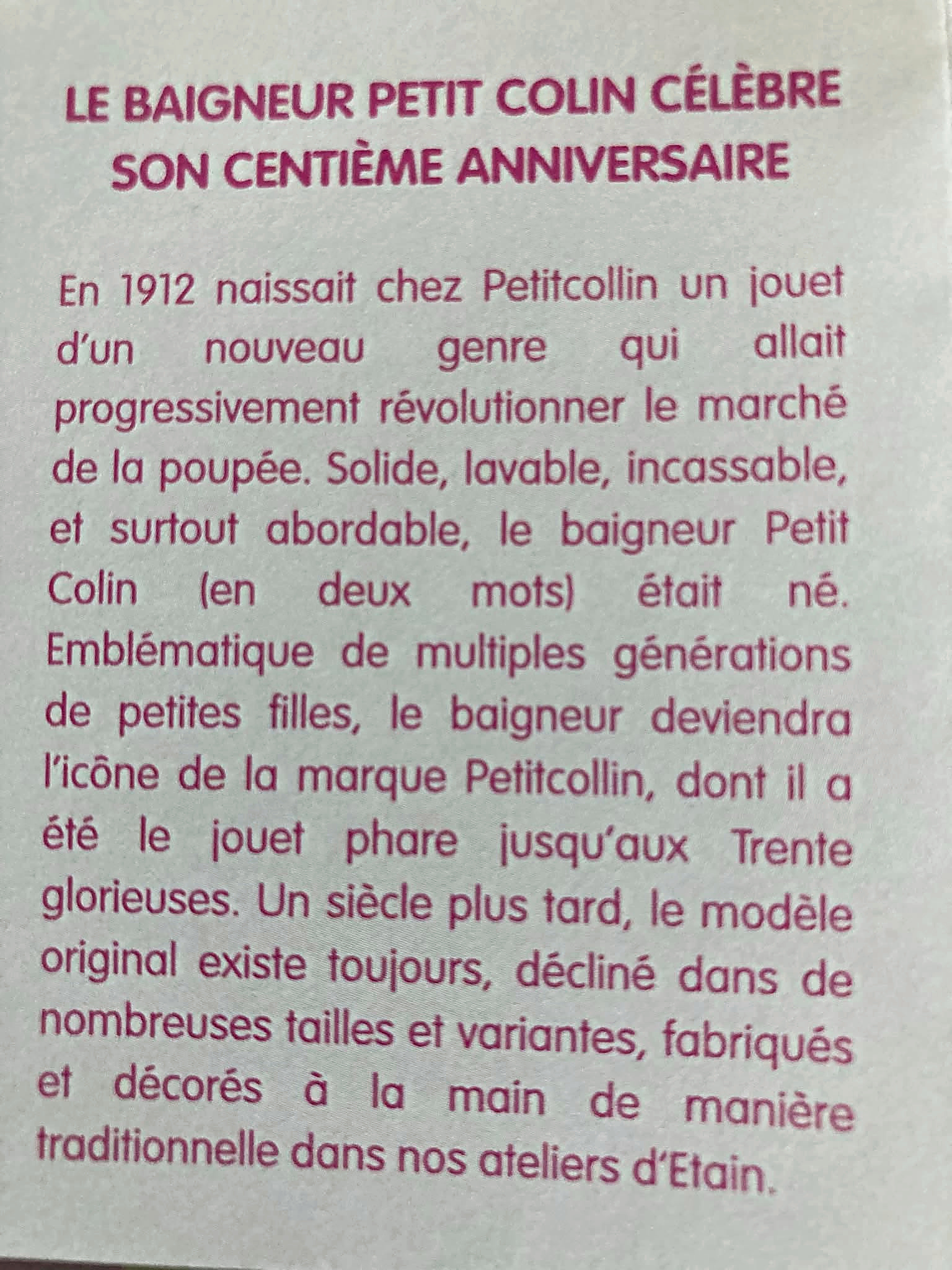Ecolo Baby Petitcollin, 25 cm — édition du centenaire de 2012, collection de Dominique — Notice Petitcollin consacrée au centenaire du baigneur — vue 5.
