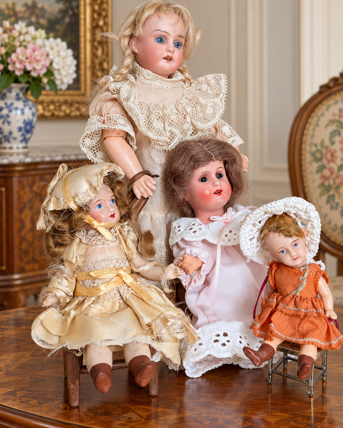 Mignonnettes anciennes : scènes et mobilier miniature — collection de Mireille (3/3) — Quatre poupées de Mireille réunies autour de petits sièges : robes claire, rose, dorée et orange — vue 1.