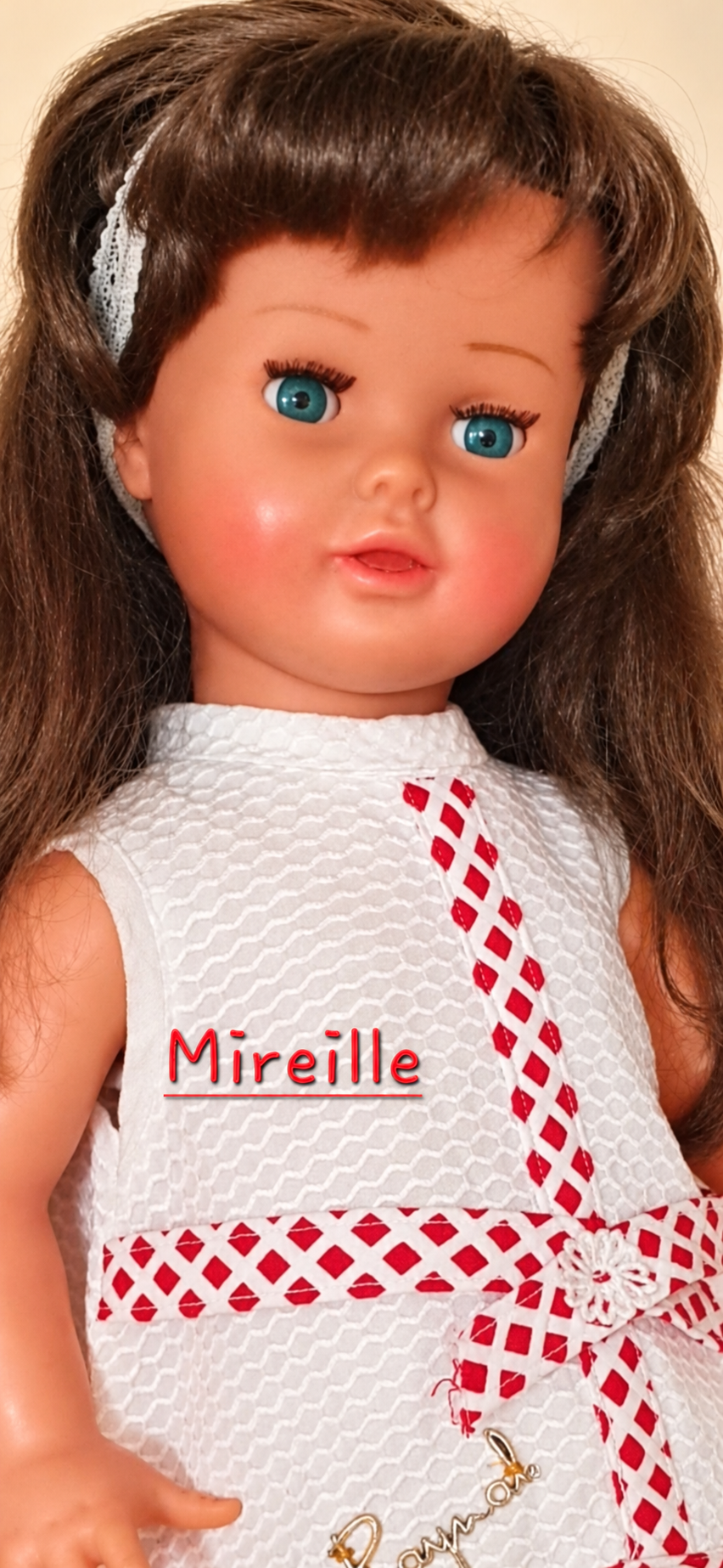 Mireille de Raynal, 1965 — collection d’Isabelle — Mireille de Raynal, 52 cm, 1965, dans sa robe d’origine selon Isabelle — collection d’Isabelle — vue 1.