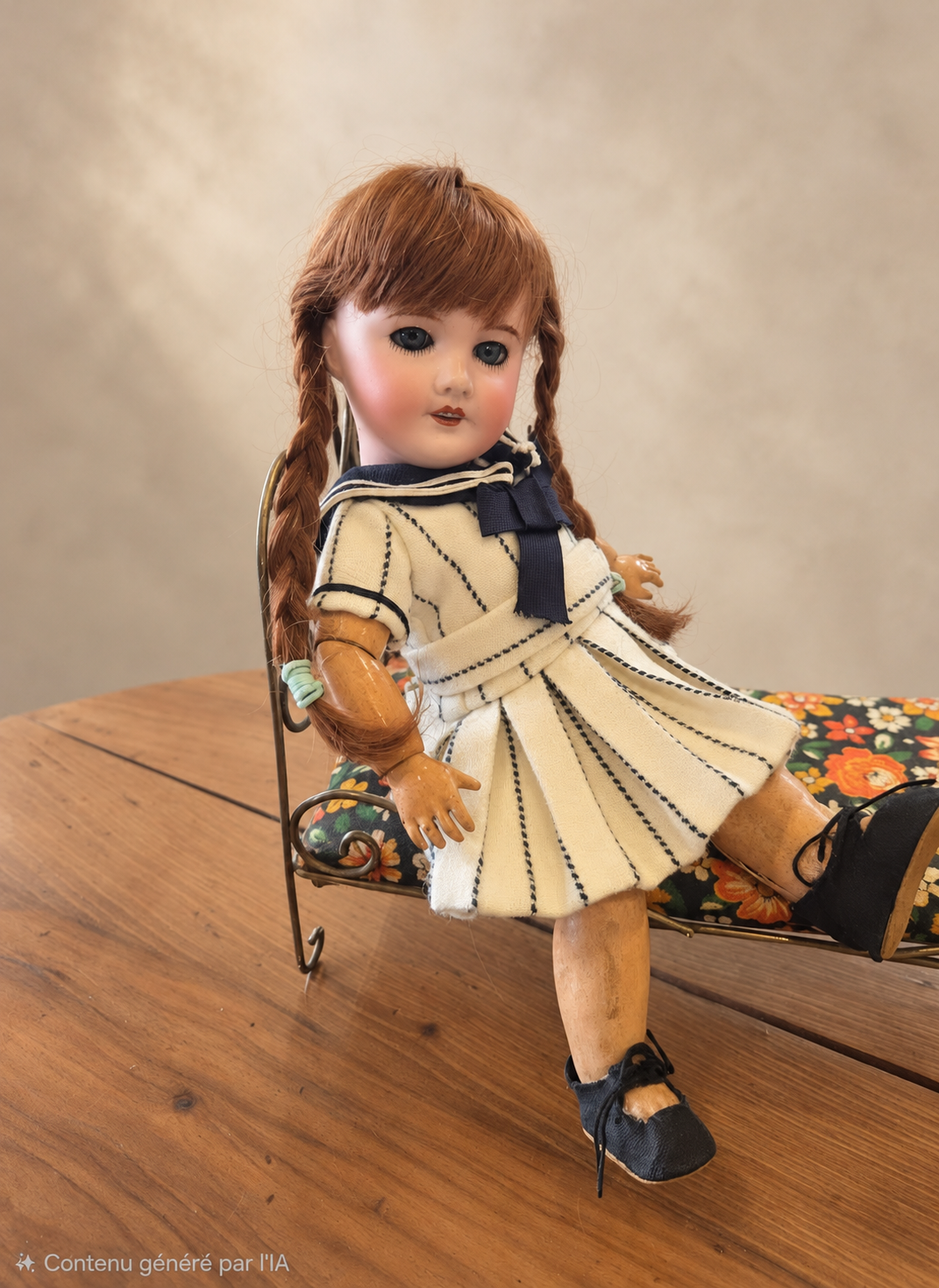 Bleuette UNIS 301 de 27 cm — collection de Sylvie — Bleuette UNIS 301 de 27 cm, selon les indications de Sylvie, en robe crème et bleu marine sur une banquette métallique fleurie — vue 1.