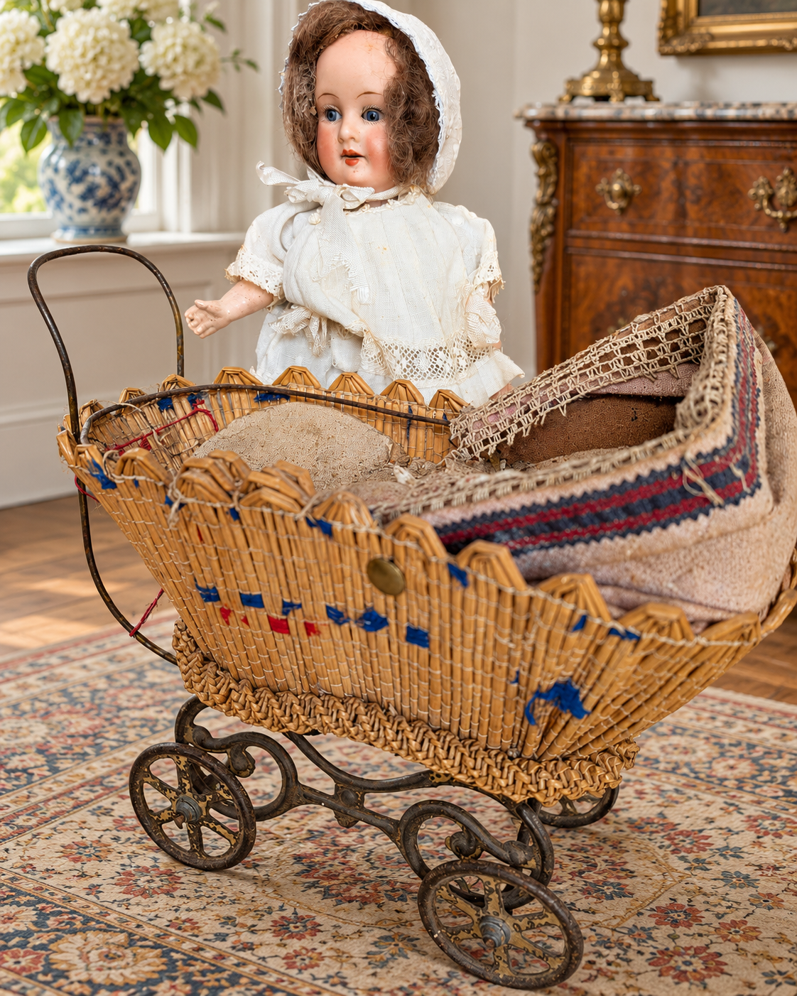 Mignonnettes anciennes : costumes et portraits — collection de Mireille (2/3) — Voiture d’enfant miniature tressée à garniture textile et roues métalliques, devant une poupée en robe et bonnet blancs — vue 6.