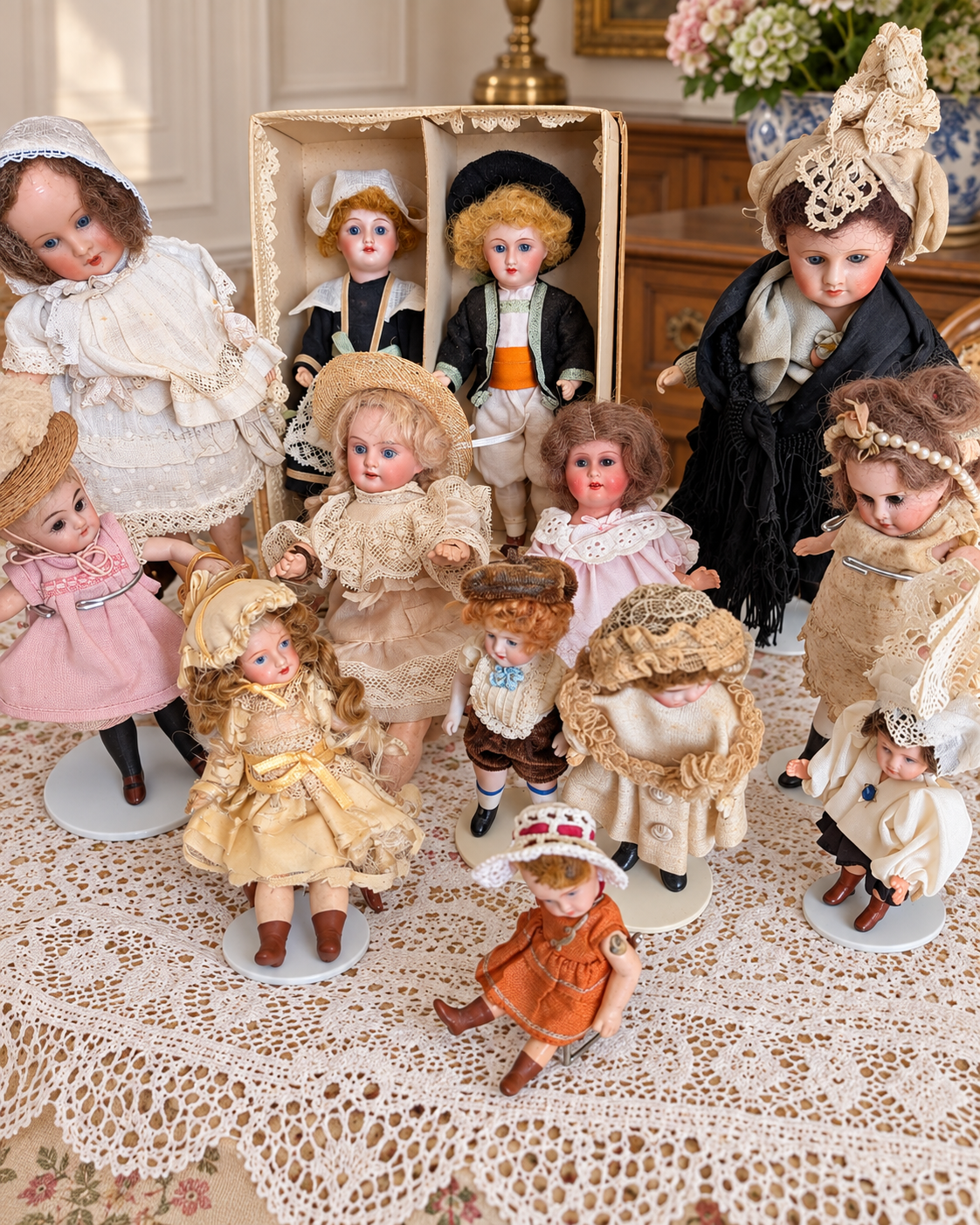 Mignonnettes anciennes et leurs petits accessoires — collection de Mireille (1/3) — Vue d’ensemble des mignonnettes de Mireille : robes, coiffes et costumes variés, avec deux poupées dans une boîte compartimentée — vue 1.