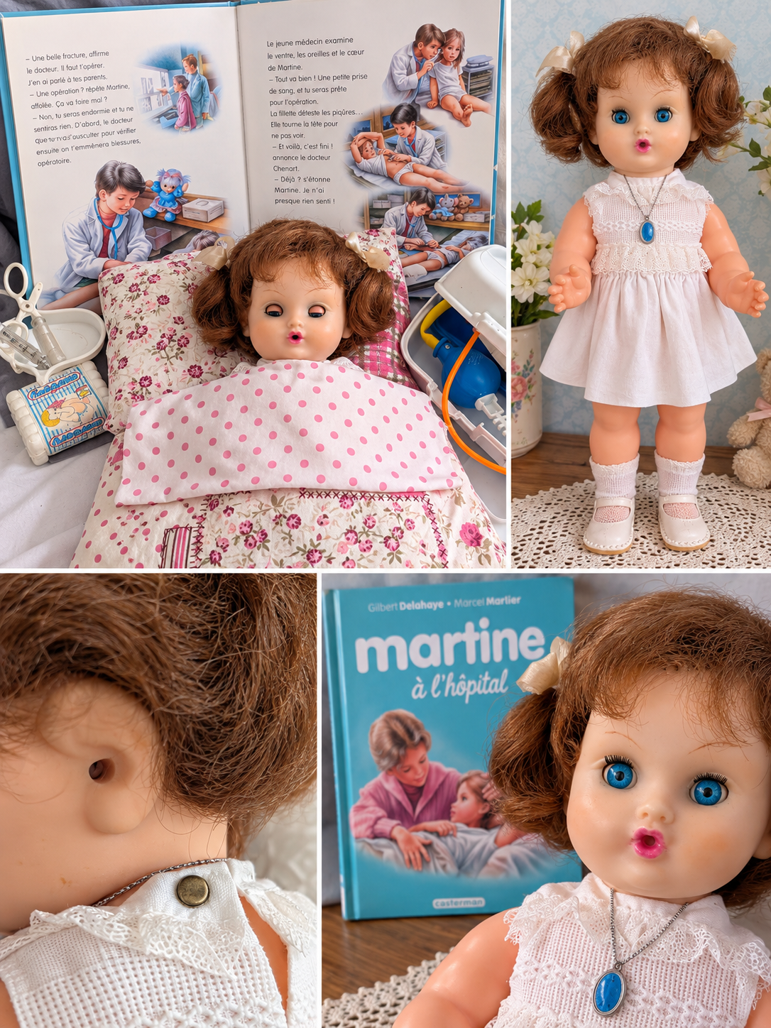 Bébé mouilleur et soigneur Bella, 32 cm — souvenir d’enfance de Mireille — Montage de présentation : bébé Bella, album Martine et détails — vue 2.