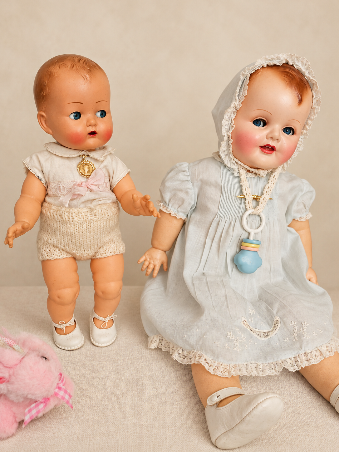 Caroline et gros bébé Raynal — collection de Lydia — Vue rapprochée des deux poupées : médaillon de Caroline et bonnet de dentelle du bébé Raynal — vue 6.