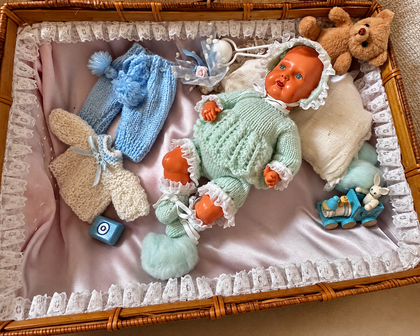 Une petite valise et son trousseau — collection de Louise — Le bébé et les accessoires dans la valise — vue 3.